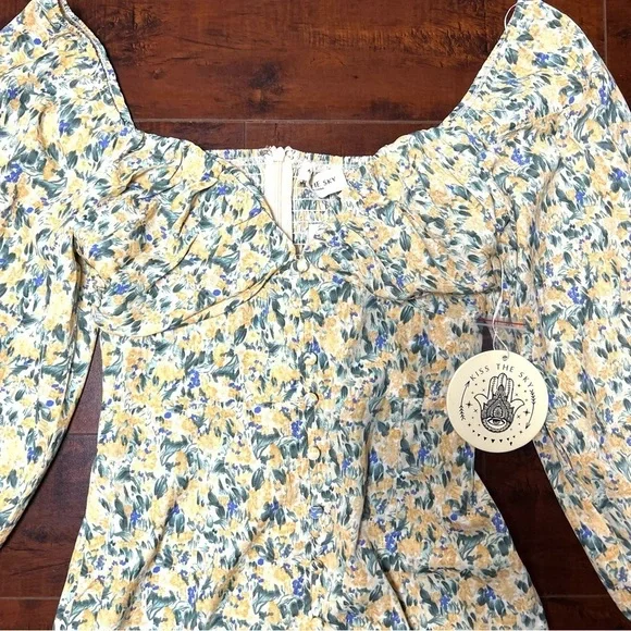 KISS THE SKY Urban Outfitters Floral Bardot Mini Dress Boho Size Small NWT - Picture 6 of 15